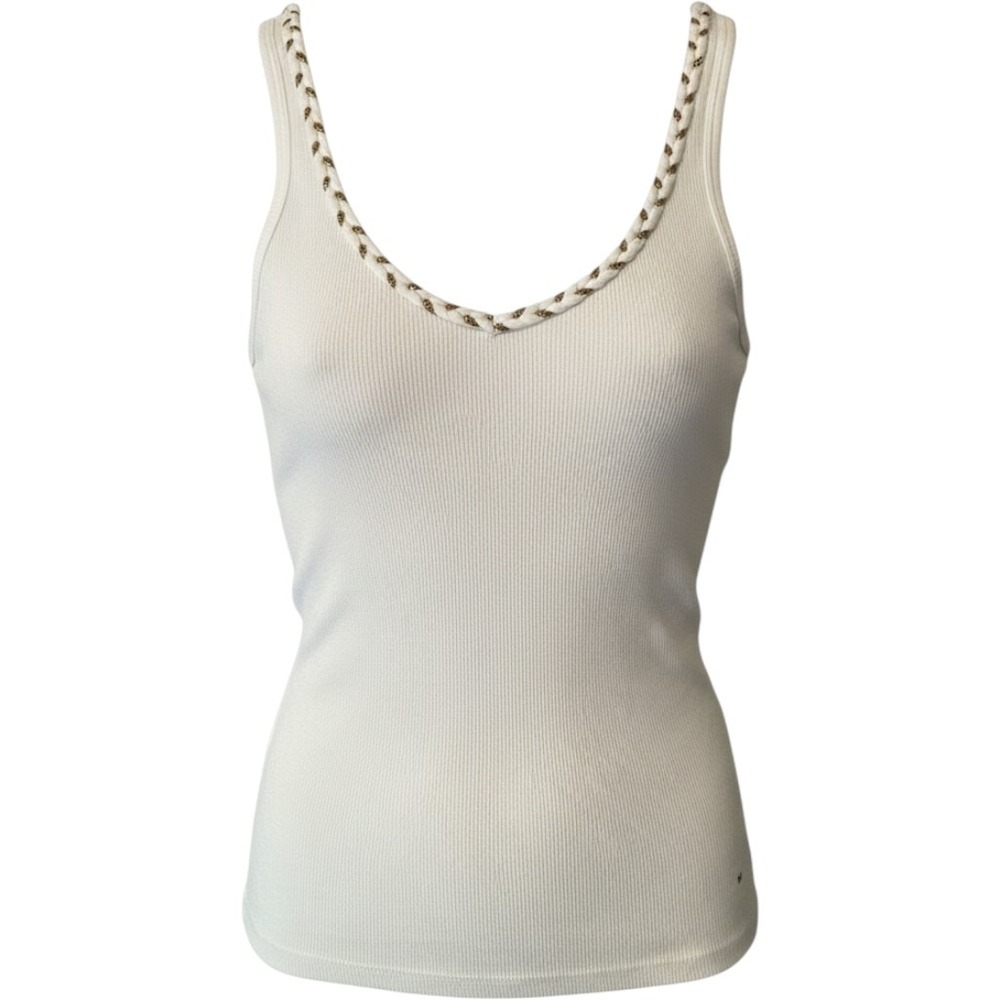 New York & Company White Ribbed Tank Top Braided Gold Trim Scoop Neck M Summer